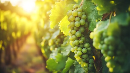 Sunlit green grapes on vine.