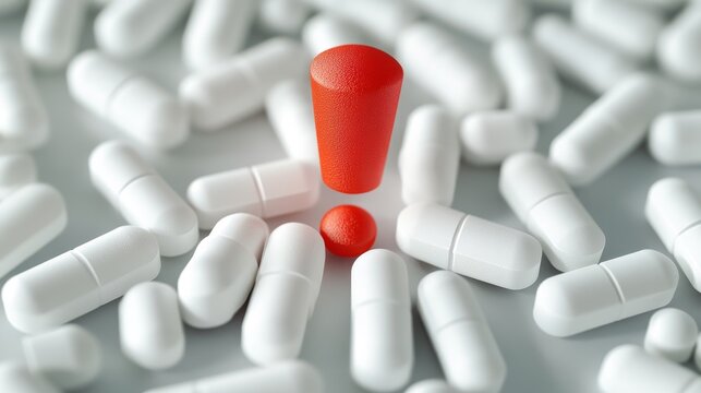 White pills with a red exclamation mark symbolize medication safety alert.