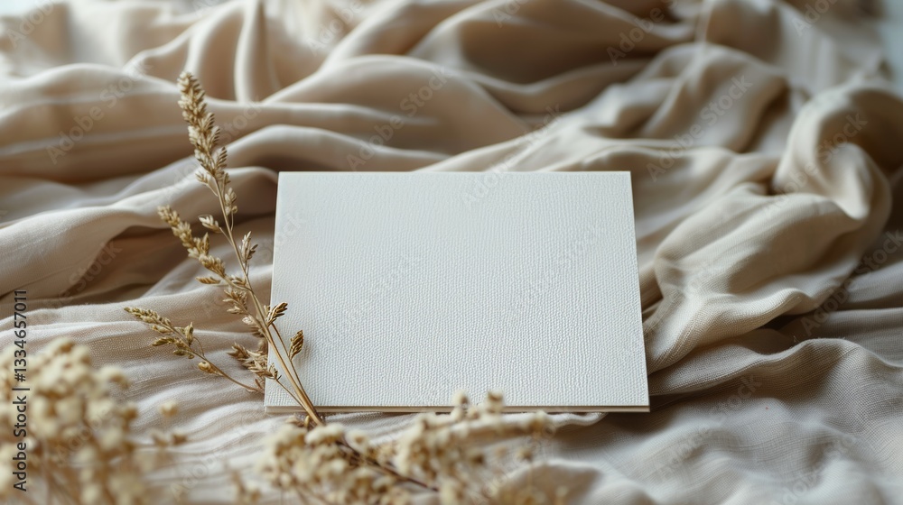 Poster elegant blank invitation card mockup with wheat and cloth, perfect for adding your personal message,