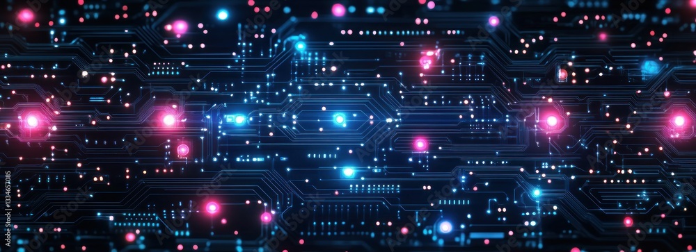 Poster futuristic ai circuit board abstract background with neon lights and technology elements