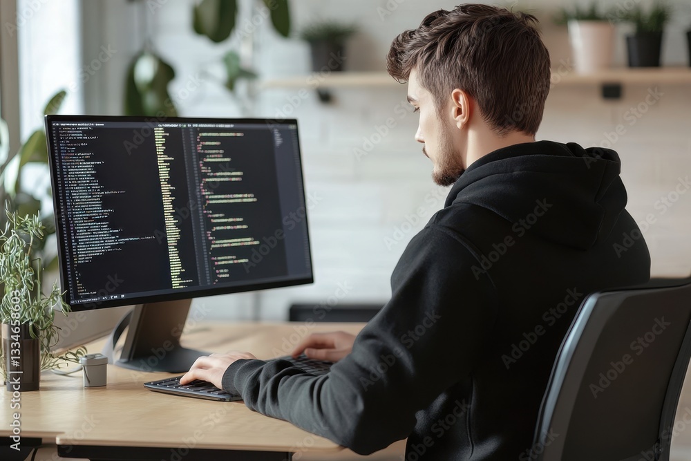 Aufkleber young man programming at home in a modern workspace during the daytime