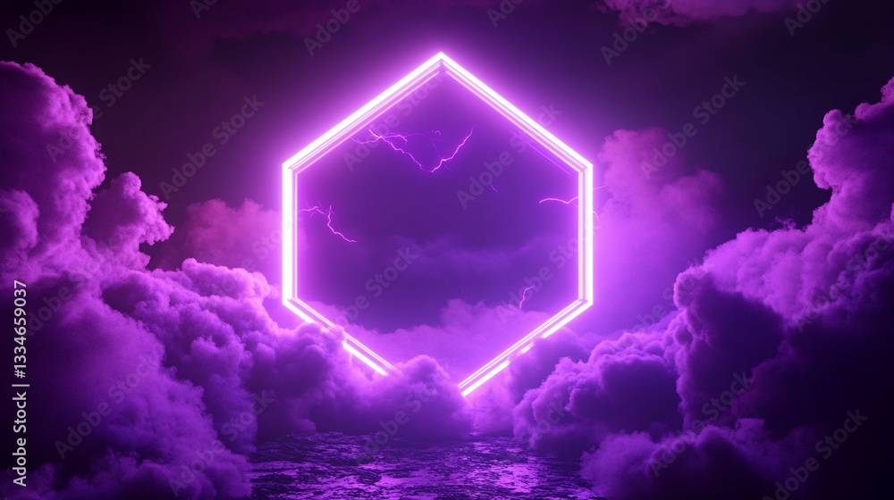 Poster digital rendering: illuminated hexagon in purple cloudscape