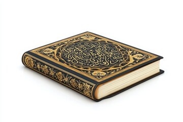 Fototapeta premium A black and gold book with arabic calligraphy on a white background viewed from a high angle perspective