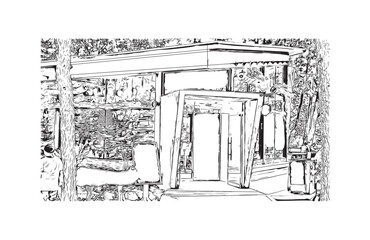 Print Building view with landmark of Chuncheon city South Korea. Hand drawn sketch illustration in vector.