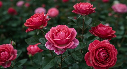 Obraz premium Rose garden background, different varieties of roses, green leaves. Rich color, soft light, romantic atmosphere. 