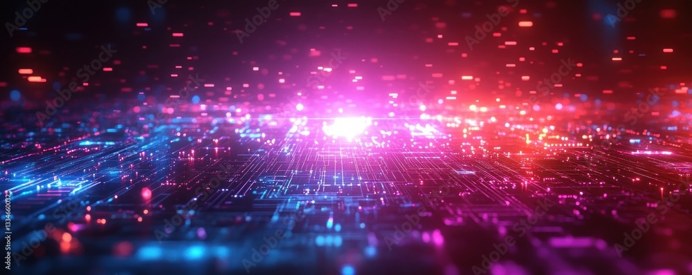 Poster futuristic quantum computer circuit board digital art design with neon blue and purple waveforms