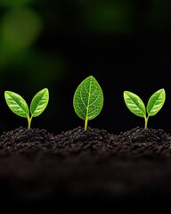 Fototapeta premium Emerging seedlings symbolizing growth and renewal against dark soil backdrop.