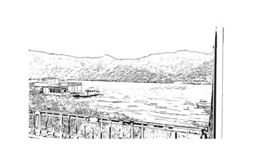 Print Building view with landmark of Chuncheon city South Korea. Hand drawn sketch illustration in vector.