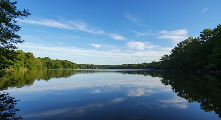 Obraz premium Idyllic lakeside scenery with trees and sky reflected in calm water, perfect for promoting travel, nature, and tranquility