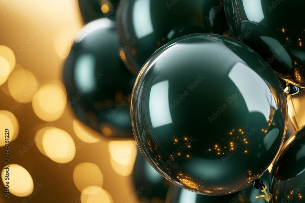 Poster elegant celebration backdrop with shining glossy green balloons and golden light bokeh creating a so