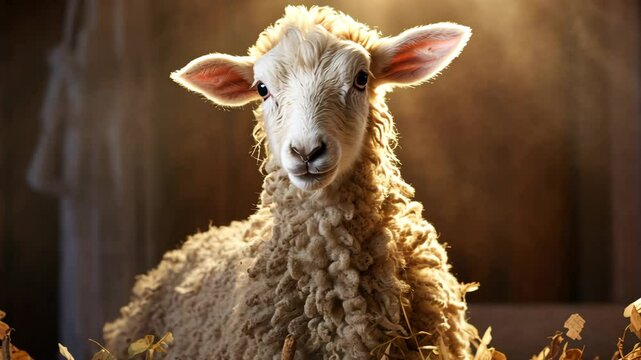A serene sheep rests in a rustic barn, surrounded by hay and branches. Sun rays filter through, illuminating its wooly coat and creating a peaceful atmosphere. Nature's beauty is on display.
