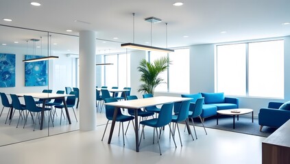 Contemporary Office With Blue Meeting Area And Green Plants