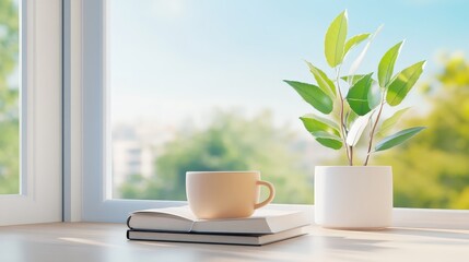 A cozy scene featuring a cup of coffee, a plant, and a book by a window, inviting relaxation and a connection with nature.