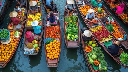 Fototapeta premium Aerial View of Thriving Floating Market in Ratchaburi Thailand with Colorful Fruits Vegetables and Organic Thai Cuisine