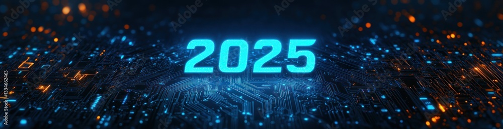 Poster futuristic digital design abstract poster 2025 with circuit board pattern and blue typography