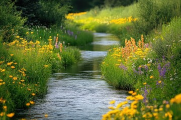 Fototapeta premium Serene River Meanders Through a Vibrant Wildflower Meadow Under a Clear Sky During Springtime