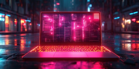 Futuristic Laptop with Holographic Data Visualization and Cyberpunk Aesthetic