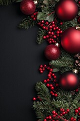 Elegant Christmas Decoration Featuring Red Baubles, Pine Branches, Red Berries and Pinecones Arranged on a Dark Black Background