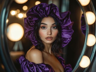 Fototapeta premium Silk bonnet styling with elegant makeup in a glamorous setting
