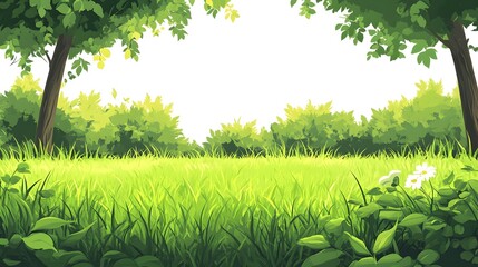 A vibrant depiction of a bright green meadow scene