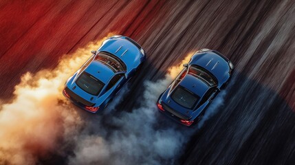 Aerial View of Two Blue Cars Drifting on Asphalt Track with Smoke Trails in Intense Race Competition