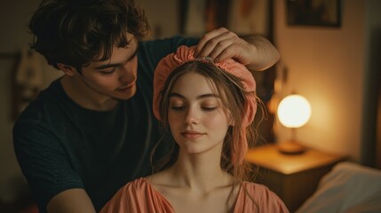 Couple preparing for a cozy evening with silk bonnet and gentle affection