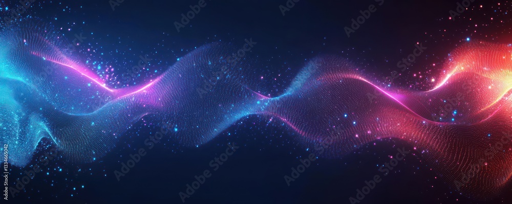 Poster futuristic digital artwork with neon light waves and circuit patterns in blue and pink gradient