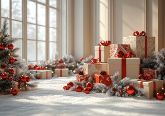 Elegant Christmas morning scene with beautifully wrapped presents stacked near a decorated tree in a bright and spacious room filled with soft light