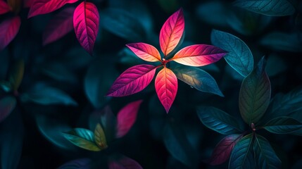 Colorful leaves illuminated in a dark environment showcase nature's beauty at night