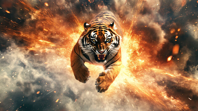fierce tiger leaps through fiery explosion, showcasing power and intensity. dynamic scene captures tiger strength and agility amidst dramatic backdrop of smoke and flames
