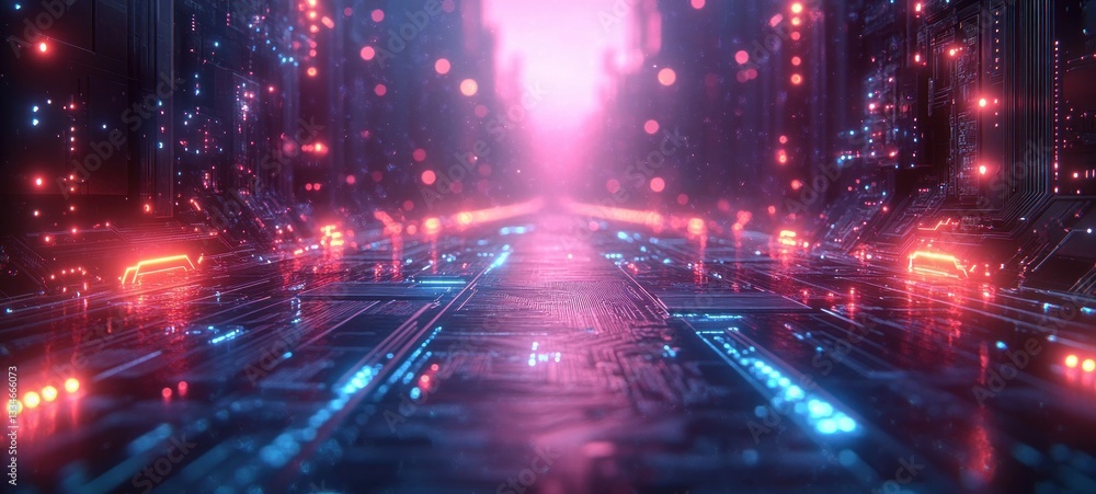 Poster futuristic digital circuit board design minimalistic glowing neon lines abstract cyberpunk engineeri