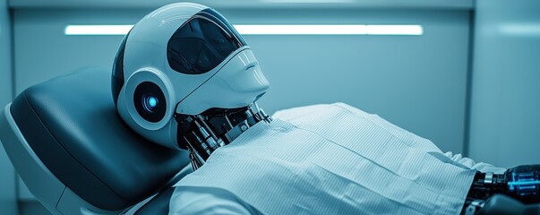 Robot in a medical setting with a futuristic design.