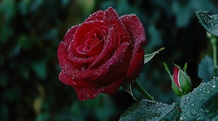 Elegant close-up of a velvety red rose adorned with glistening water droplets, enhanced by a soft and dark green bokeh backdrop