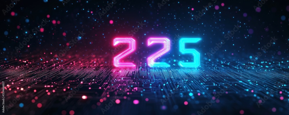 Poster futuristic digital art poster 2025 with neon gradient typography circuit patterns technology backgro