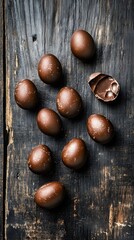 Obraz premium Delicious Chocolate Easter Eggs on Rustic Wood