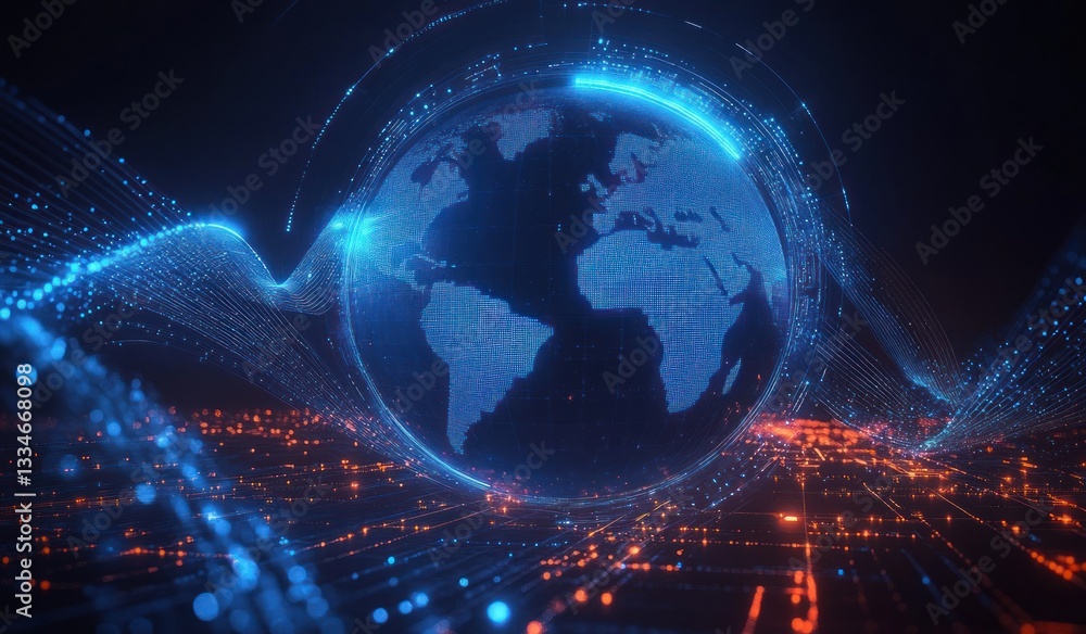 Aufkleber futuristic digital earth representation with glowing lines and data points in cyberpunk style