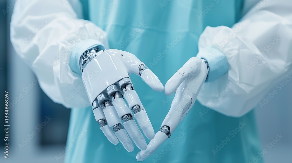 Poster robotic hand creating a heart shape in a medical setting.