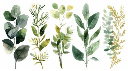 Minimalistic Green and Gold Leaf Watercolor Floral Illustration Set with Branches for Wedding