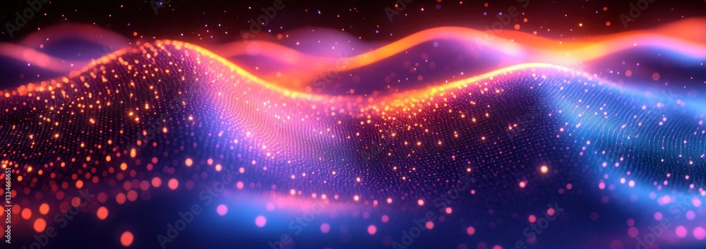 Poster futuristic abstract digital art with hexagonal patterns and glowing wave designs