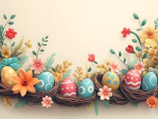Easter's Floral Embrace: A captivating illustration of vibrantly decorated Easter eggs nestled in rustic nests, surrounded by a garland of colorful blooms and foliage.