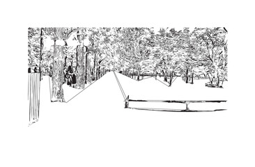 Print Building view with landmark of Chuncheon city South Korea. Hand drawn sketch illustration in vector.