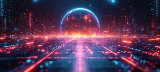 Futuristic Earth Digital Illustration with Glowing Circuits and Neon Colors