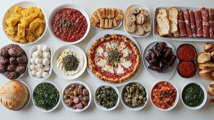 A vibrant, circular feast! Pizza takes center stage amidst a delicious array of meats, veggies, and tempting treats