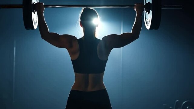 This video showcases a determined athlete lifting weights. The dark background and focused lighting emphasize strength and dedication. Ideal for fitness marketing. Generative AI