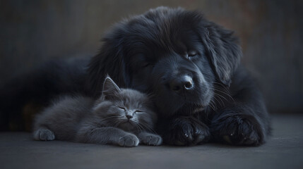 fluffy black dog and gray kitten are peacefully sleeping together, showcasing heartwarming bond. soft lighting highlights their fur textures, creating serene and cozy atmosphere