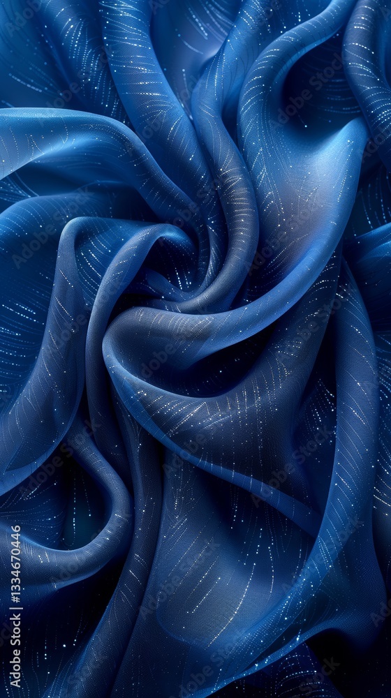 Poster elegant deep blue fabric adorned with sparkling lines, draped artfully to showcase its texture and e
