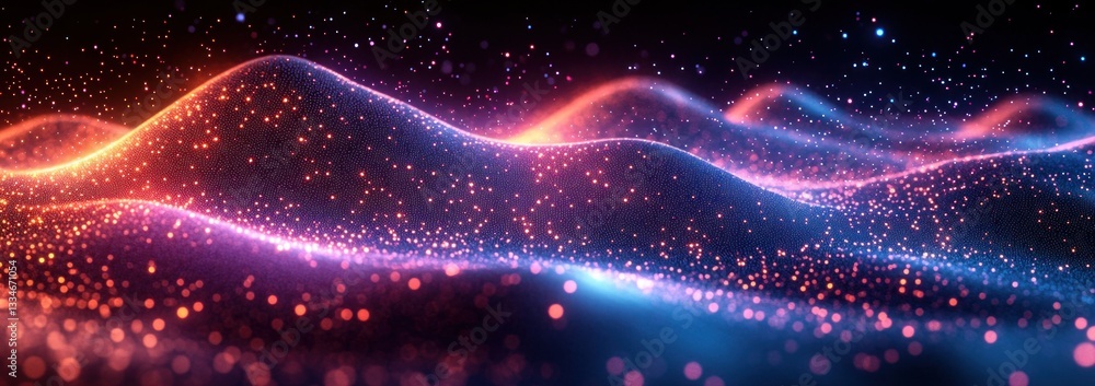 Aufkleber futuristic abstract digital art with glowing hexagonal patterns and wave designs in blue and purple 