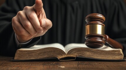Judge instructing in court while a gavel rests on an open law book on the table