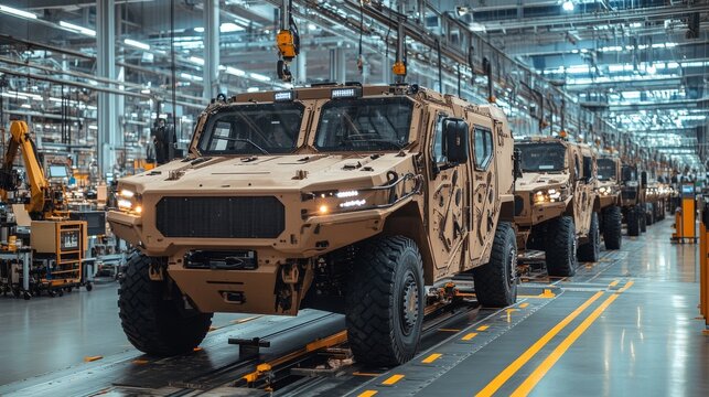 Military vehicles being assembled in a large factory with modern technology