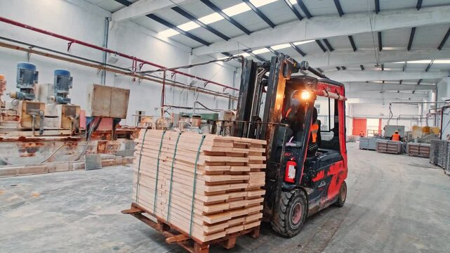 Shipment preparation in a stone processing facility. A forklift operator loads marble slabs neatly onto a truck.